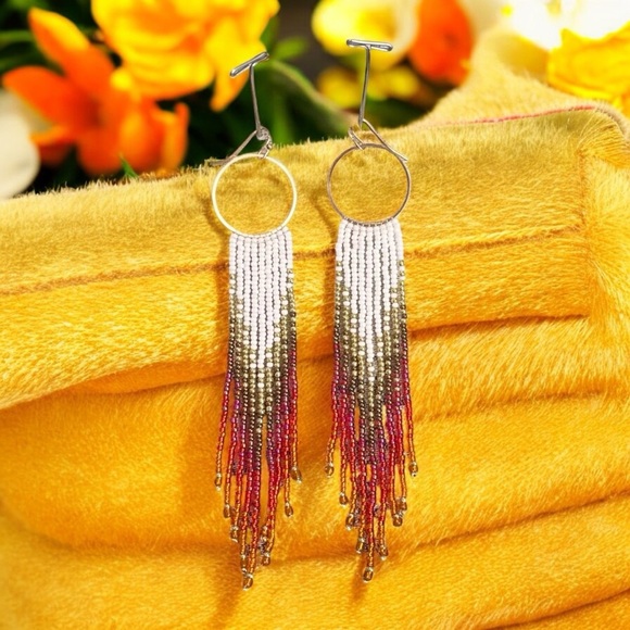 Sunset Ombré Beaded Fringe Earrings: Seed Bead Boho Earrings Chandelier Earrings - Picture 4 of 16